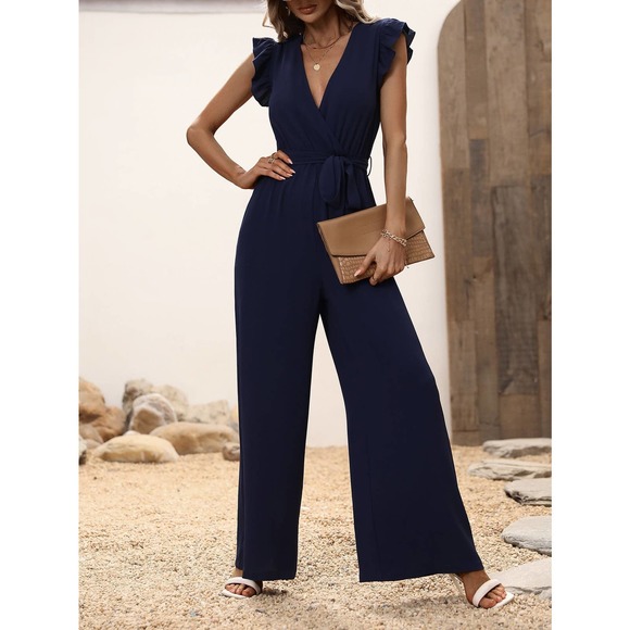 WILA Pants - Boho Ruffle Trim Belted Wide Leg Jumpsuit